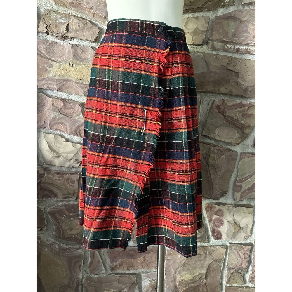 Vintage Wool Blend Plaid Pleated Skirt Red rap around skirt midi lenght }SM